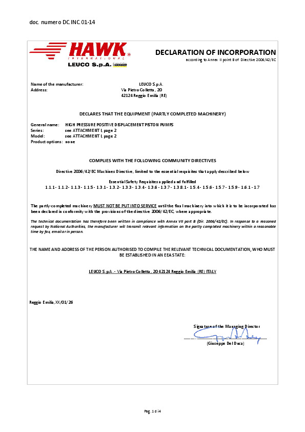 Dichiarazione di incorporazione Pompe EN
